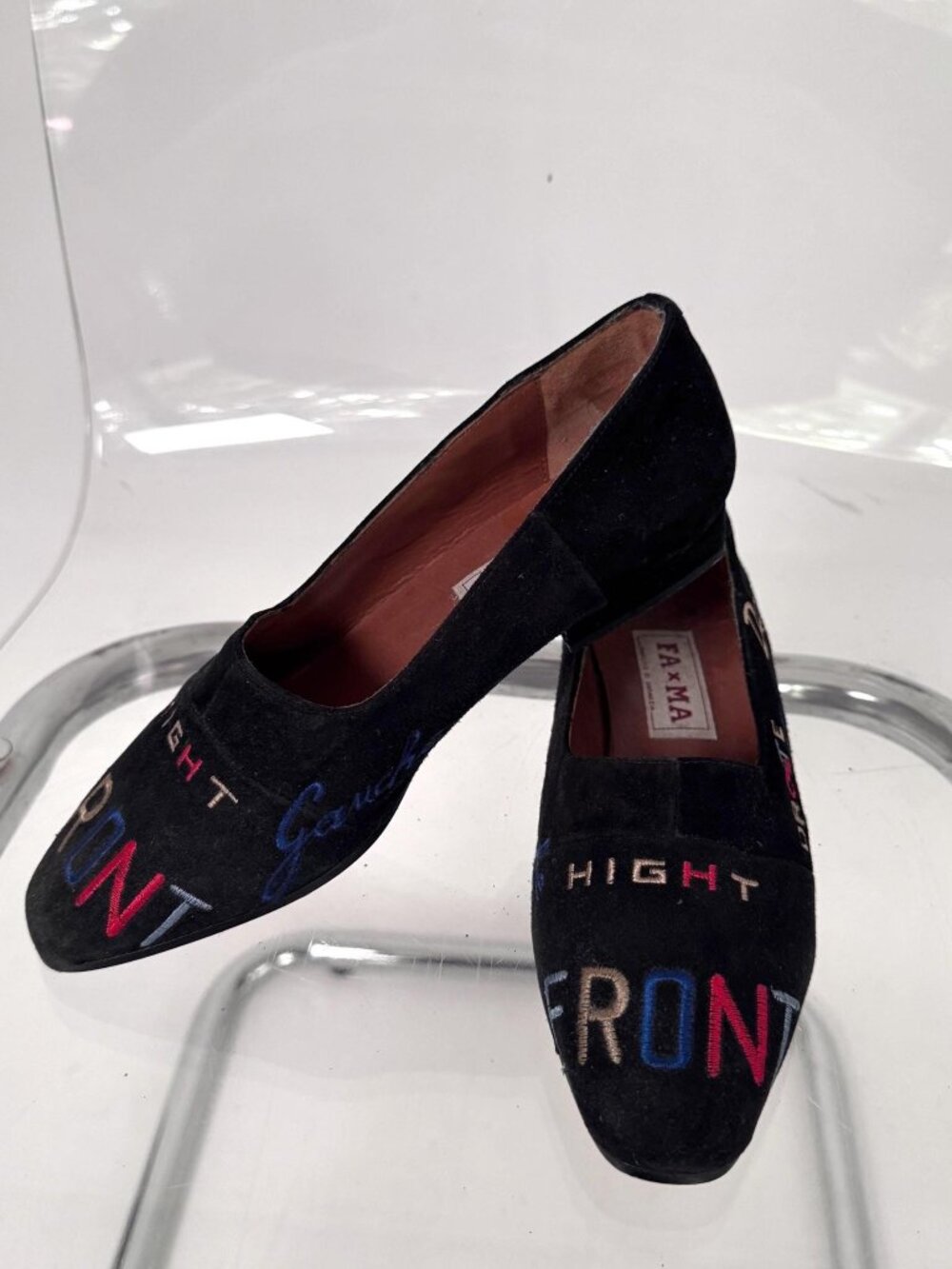 70s vintage black suede pop art magazine print flat loafers Italy Made EUR 36.5